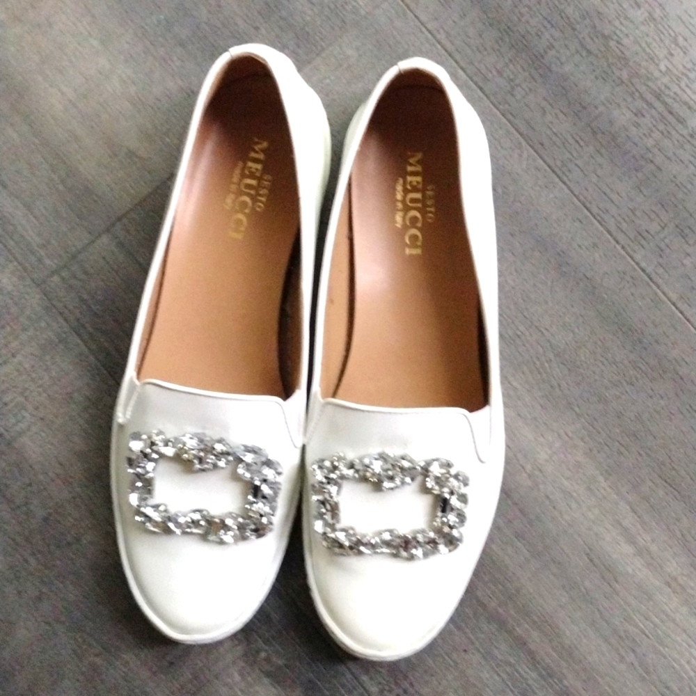 Sesto Meucci Rhinestone Loafer White Patent Leather Slip On Flats Women's 8.5M
